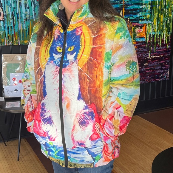 Pussycat Paradise Puffer - Zen Cat Worship Feline Buddha Artisan Quilted Jacket - Picture 2 of 12